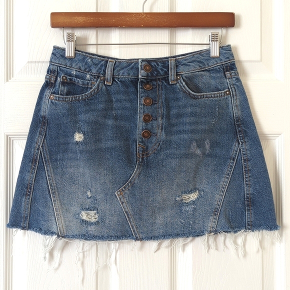 We The Free Harvey Distressed Medium Wash High Waist A-line Denim Mini Skirt 27 - Picture 1 of 11